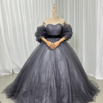 カラードレス ネイビー キラキラチュール ベアトップ プリンセスライン 豪華なバックリボン 編み上げ 花嫁の画像