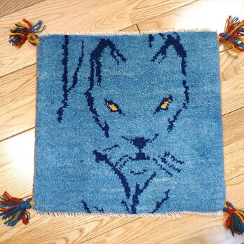 ペルシャ　ギャッベ　ミニマット 40×38cm 青　猫　T6665Gの画像