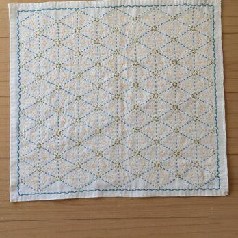 刺し子ふきん　7-①　「麻の葉　黄色とマリンブルー」の画像