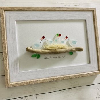 シーグラスアート 海の宝石 幸せの青い鳥の家族 子育て インテリア雑貨 観葉植物  北欧ガラス細工 贈り物 誕生日プレゼントの画像