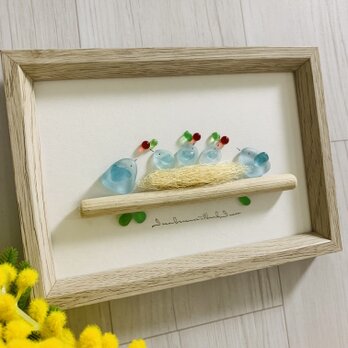 シーグラスアート 海の宝石 幸せの青い鳥の家族 子育て インテリア雑貨 観葉植物  北欧ガラス細工 贈り物 誕生日プレゼントの画像