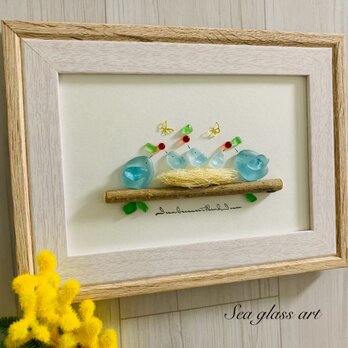 シーグラスアート 海の宝石 幸せの青い鳥の家族 子育て インテリア雑貨 観葉植物  北欧ガラス細工 贈り物 誕生日プレゼント