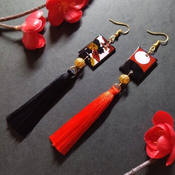 【和風】花札&タッセルピアス（イヤリング）（赤黒）（月見で一杯）【着物】【浴衣】【袴】【成人式】【卒業式】【和ゴス】【和ロリ】の画像