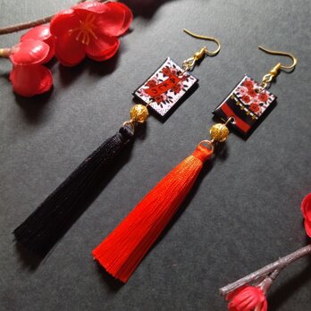 【和風】花札&タッセルピアス（イヤリング）（赤黒）（桜）【着物】【浴衣】【袴】【成人式】【卒業式】【和ゴス】【和ロリ】【さくらの画像