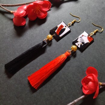 【和風】花札&タッセルピアス（イヤリング）（赤黒）（松に鶴）【着物】【浴衣】【袴】【成人式】【卒業式】【和ゴス】【和ロリの画像