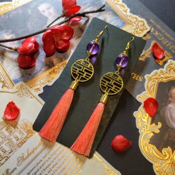 双喜紋とガラス玉のピアス（イヤリング）（ピンク）【チャイナ】【中華風】【華ロリ】【チャイナドレス】【ダブルハピネス】の画像