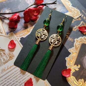 双喜紋とガラス玉のピアス（イヤリング）（緑）【チャイナ】【中華風】【華ロリ】【チャイナドレス】【ダブルハピネスの画像