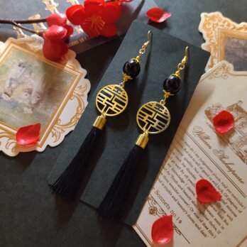 双喜紋とガラス玉のピアス（イヤリング）（黒）【チャイナ】【中華風】【華ロリ】【チャイナドレス】【ダブルハピネス】の画像