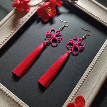 【和風】吉祥結びとタッセルのピアス（イヤリング）（ピンク）【チャイナ】【中華風】【着物】【袴】【浴衣】【成人式】【卒業式の画像