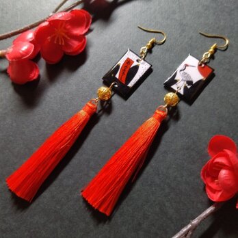 【和風】花札&タッセルピアス（イヤリング）（松に鶴）【着物】【浴衣】【袴】【成人式】【卒業式】【和ゴス】【桜】【さくら】の画像