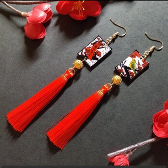 【和風】花札&タッセルピアス（イヤリング）（梅に鶯）【着物】【浴衣】【袴】【成人式】【卒業式】【和ゴス】【桜】の画像
