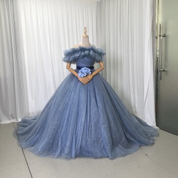 カラードレス ブルーグレー オフショルダー キラキラチュール サッシュベルト 編み上げ 花嫁の画像