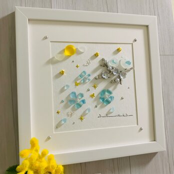 シーグラスアート 寄り添う小鳥 お花 ブルー 青色 海の宝石 インテリア雑貨 観葉植物 北欧ガラス細工 贈り物 誕生日プレゼント