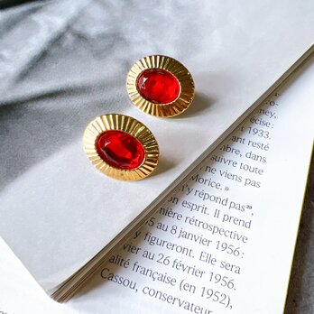Y1078-ヴィンテージイヤリング U.S.A. 1970〜80s Gold Tone Oval Red Jellyの画像