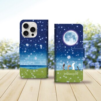 iPhoneスタンダード手帳型スマホケース （カメラ穴あり/はめ込みタイプ）【にゃんこのしっぽ（花びら舞う夜）】の画像