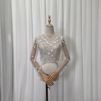 ボレロ ロングスリーブ 3D立体レース花刺繍 キラキラ光る刺繍 ウェディングドレス 編み上げの画像
