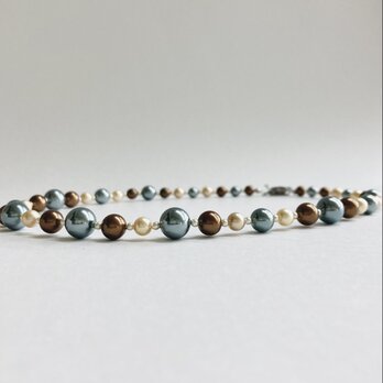 ガラスパールmixカラーネックレスM/6x10mm約45cm/ホライゾンGxブラウンmix/R/made in japanの画像