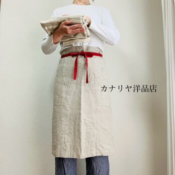 ソムリエエプロン　腰紐バイカラー　ベルギーリネン２５番手　キナリ×腰紐ダークレッドの画像