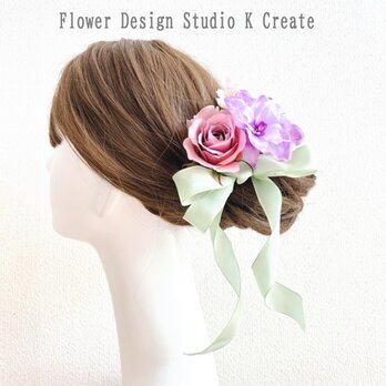 和装髪飾り♡モーブピンクの薔薇とマムのヘッドドレス　成人式　前撮り　結婚式　卒業式　入学式　袴　振袖　髪飾り　ミントの画像