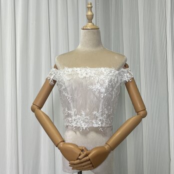高品質！ボレロ オフショルダー キラキラ光る刺繍 花モチーフ くるみボタン 結婚式の画像
