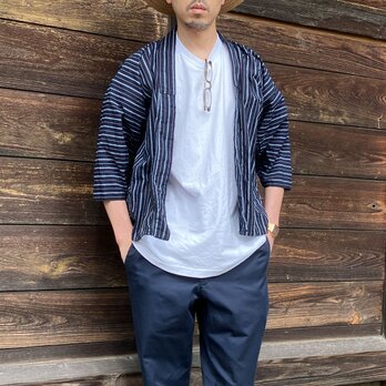 【シンプルな藍染縞模様が素敵な野良着】木綿 リメイク素材 ジャパンヴィンテージ 昭和レトロの画像