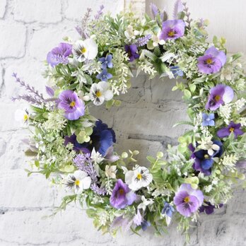 はるむらさき　パンジーとラベンダーの草花リース：白　パープル　紫　ラベンダー　パンジー　の画像