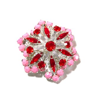 50s Vintage Matt Pink × Red Rhinestone Flower Motif Broochの画像