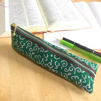 【唐草文様】畳縁　テトラ型　ペンケース　緑　からくさの画像