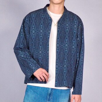 着物リメイク  短ラン  ジャケット 長袖シャツメンズML インディゴブルー ペイズリーの画像