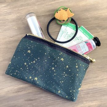 【海松藍の星空】畳縁　ぺたんこ　ミニポーチ　小銭入れ　カードケース　星　スター　宇宙　空　深緑　金の画像