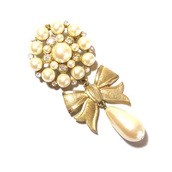 80s Vintage Fake Pearl × Ribbon Drop Flower Design Broochの画像