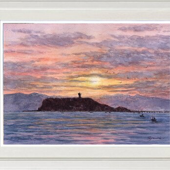 水彩画原画　湘南の夕日・江の島　＃652の画像