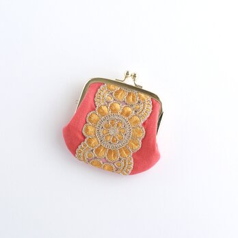 インド刺繍リボンの手のひらがま口ポーチ　レッド×オレンジ