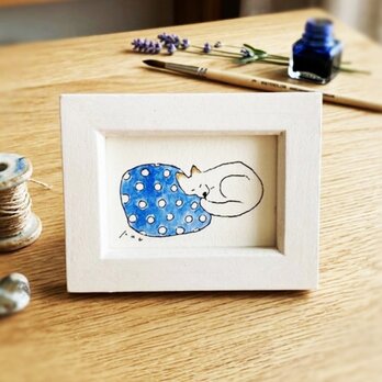 【犬種変更OK】「夢見る白い犬」ミニ原画　※木製額縁入り ・犬の絵・うちの子オーダー可