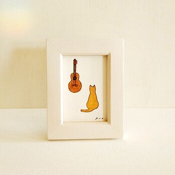 原画「猫とギター」※木製ミニ額縁入り　　イラスト・水彩・猫の絵・アクリル画・小さい絵の画像