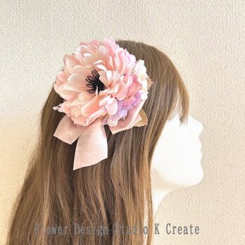 ピンクのダリアと薔薇のヘアクリップ　入学式　卒業式　結婚式　発表会　フォーマル　髪飾り　ピンク　リボン　お出掛けの画像