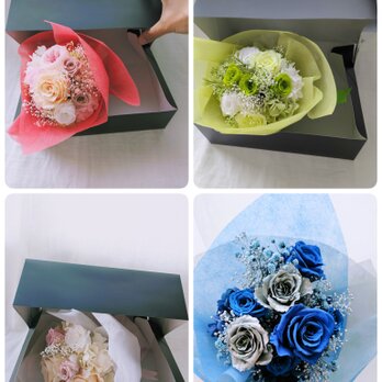 プリザーブドフラワー／薔薇と小花の花束サプライズBOX／記念日お祝い4色展開の画像