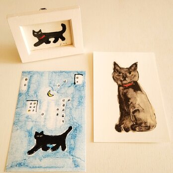 黒猫セット【ミニ額入り複製原画1点 ｜ポストカード2種】黒猫　猫　猫の日　