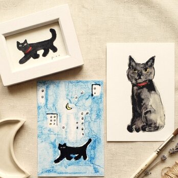 黒猫セット【ミニ額入り複製原画1点 ｜ポストカード2種】黒猫　猫　送料無料