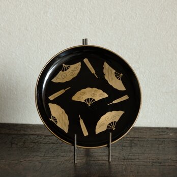 可愛らしい扇子の絵◆古輪島塗　扇子文漆芸蒔絵中皿　漆器　骨董/antiques 古民家　時代物　明治時代の画像