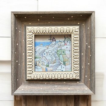 夕暮れのイア（ギリシャ、サントリーニ島、水彩画、原画、額付き）の画像