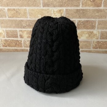 メリノウールのやわらかケーブルニット帽ブラック