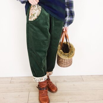 フォレストグリーンコーデュロイとゴブラン3WAYサルエル風パンツの画像