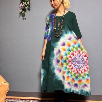 タイダイ ロング ワンピース ディープグリーン 美しく繊細な大曼荼羅 HD23-25の画像