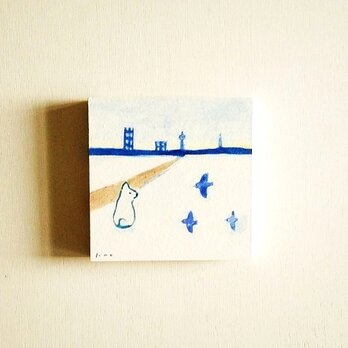 原画「タワーのある町」 アートパネル（10㎝×10㎝）※額縁別売り　絵画・イラスト・アクリル画の画像