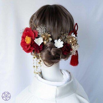 椿と枝垂れパールの髪飾り　No.T70 髪飾り　成人式　卒業式　結婚式　ヘアアクセサリー　髪かざり　振袖　着物　和装の画像