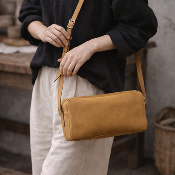 本革 ツールバッグ／マスタードブラウン｜ヌバック仕立て・やわらかな表情のショルダーバッグ