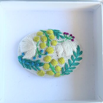 北欧風ことりとミモザの刺繍ブローチ【hokuo】#351の画像