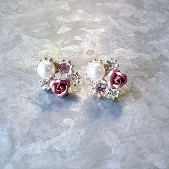 PA284-【 AVON 】エイボン・ヴィンテージピアス 80s  "SAQ" Signed Pink Metal Roseの画像