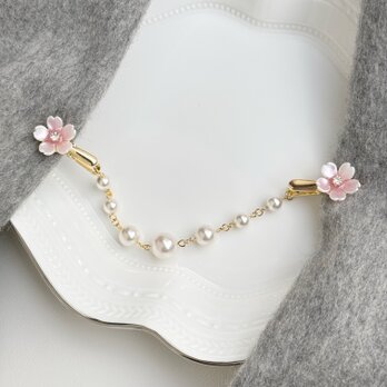 桜とクリスタルパールのシンプルストールクリップ　ストール留めの画像